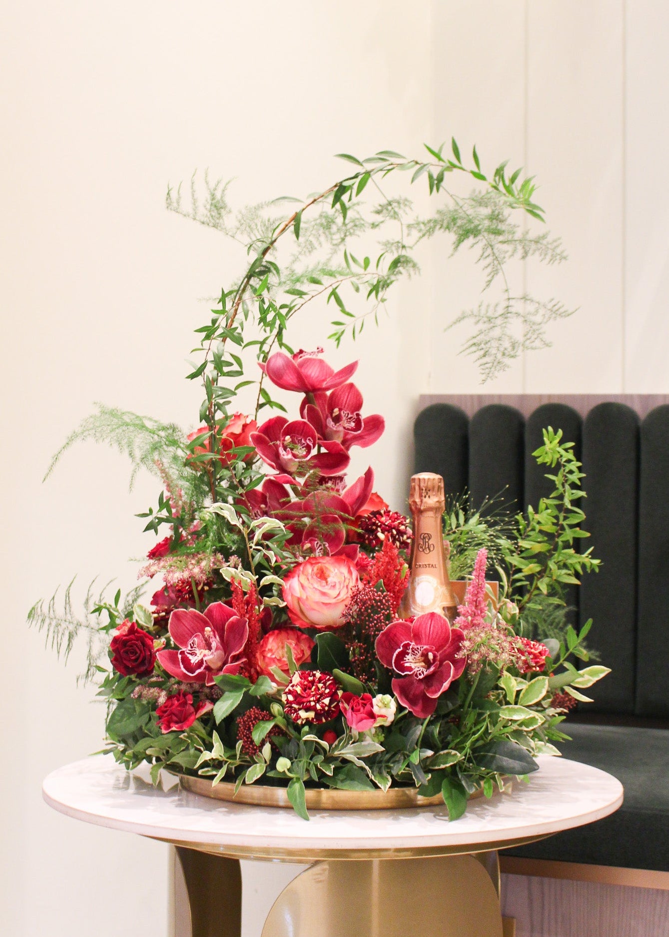 Gold Tray Flower Arrangement with Champagne