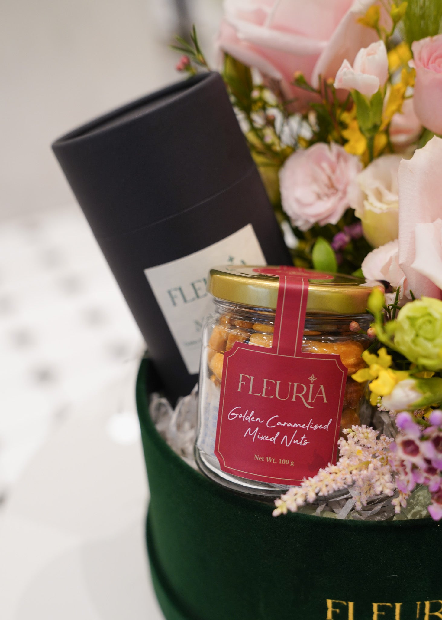 Fresh Flower Box with Scented Candle & Gourmet Nuts