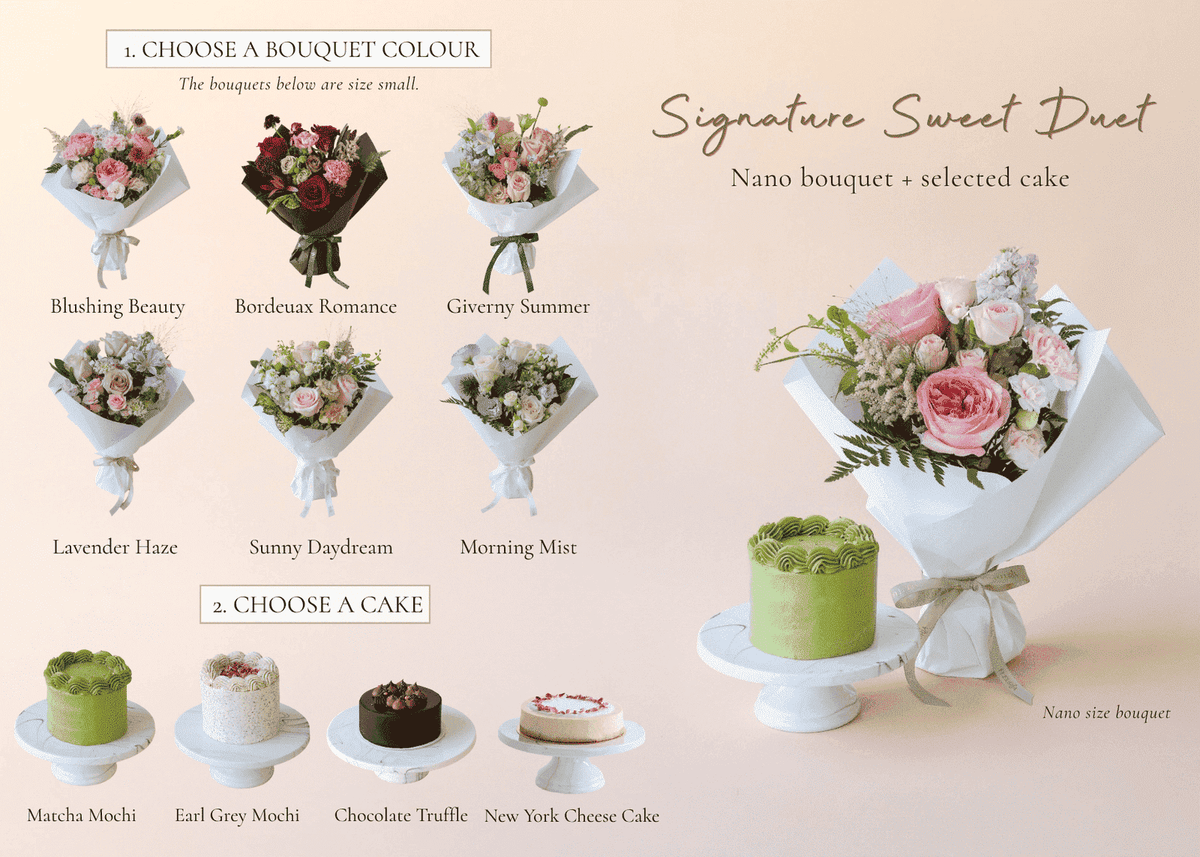 Pink fresh flower bouquet with green matcha cake premium gifting