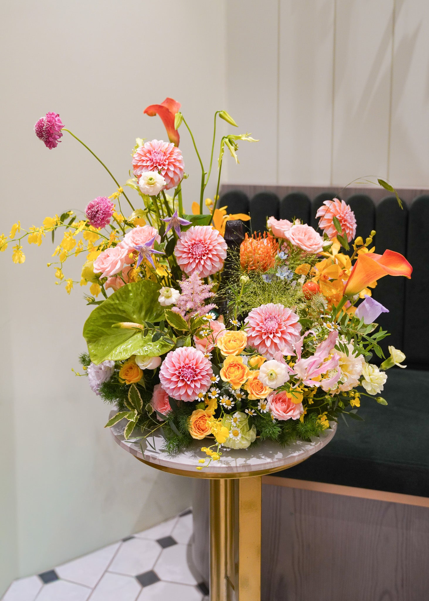 Gold Tray Flower Arrangement with Champagne
