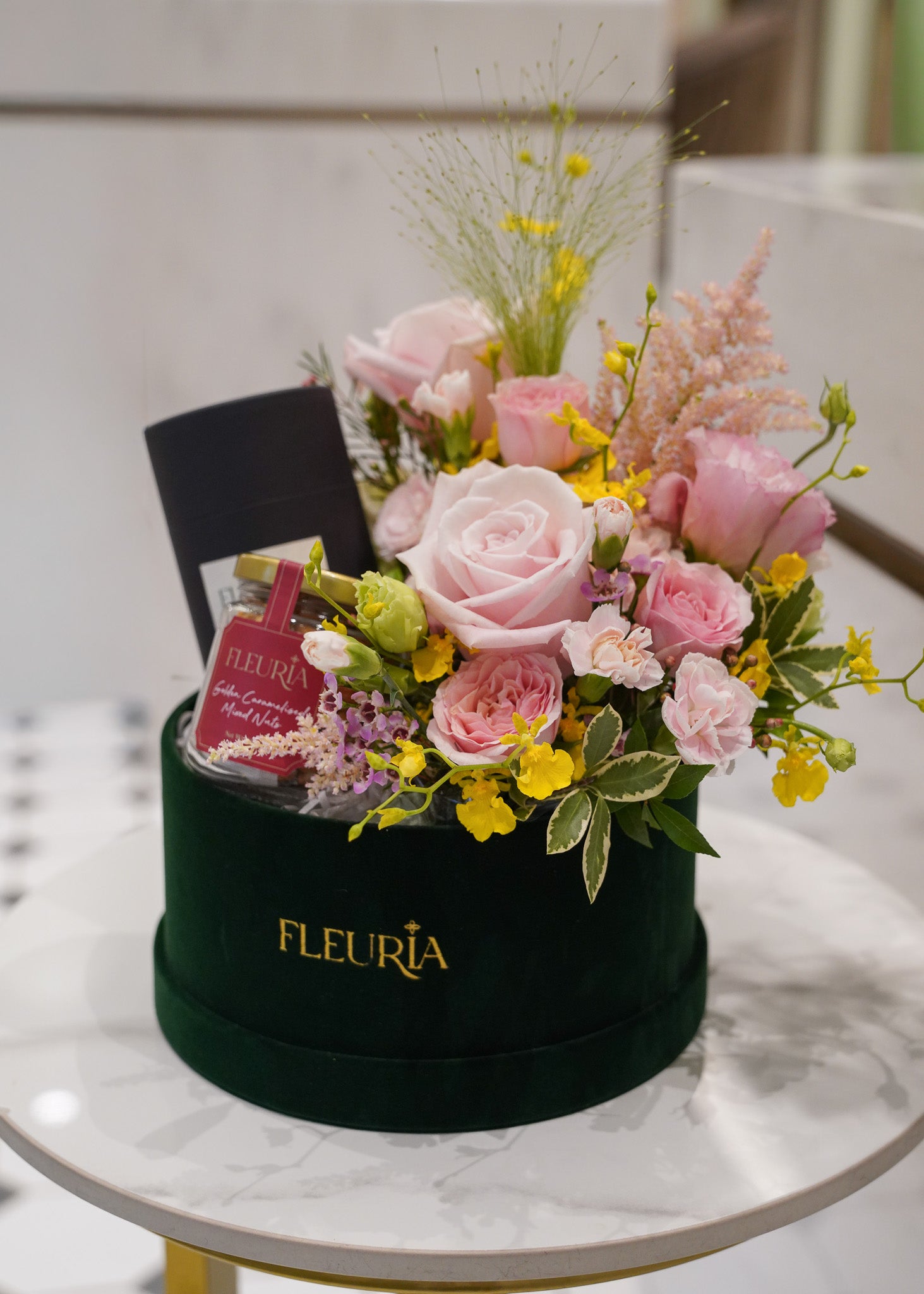 Fresh Flower Box with Scented Candle & Gourmet Nuts