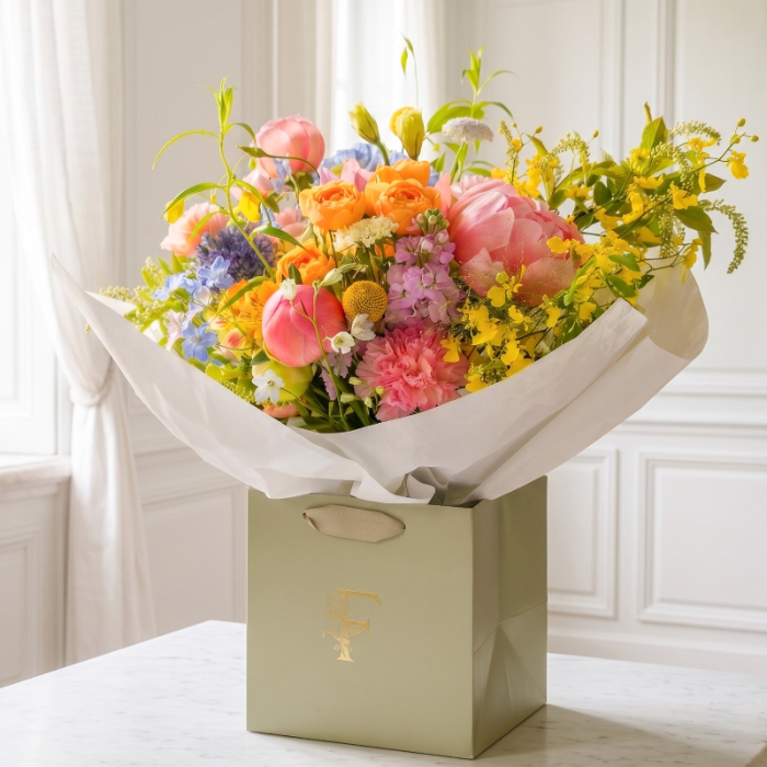 Colorful bouquet of flowers in a box on a white surface with a light-colored wall in the background