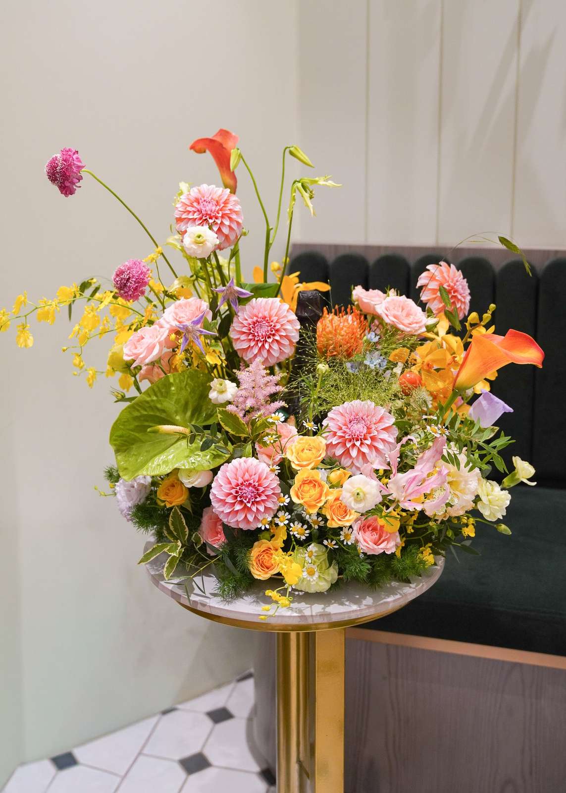 Gold Tray Flower Arrangement with Champagne